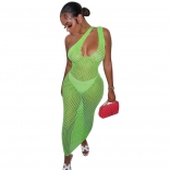Green Halter Deep V-Neck Sexy Nets Hollow-out Party Midi Dress