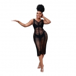 Black Sleeveless Halter V-Neck Nets Bandage Women Sexy Dress