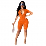 Orange Zipper V-Neck Hollow-out Hole Sexy Rompers