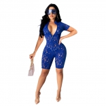Blue Zipper V-Neck Hollow-out Hole Sexy Rompers