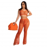 Orange Sleeveless V-Neck Hollow-out Nets Bandage Jumpsuit Dress