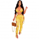 Yellow Halter Low-Cut Printed Sexy Women Bandage Jumpsuit