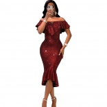 Red Foral Off-Shoulder Bodycon Women Midi Dress