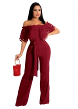 Red Off-Shoulder Hollow-out Lace Bodycon Women Jumpsuit