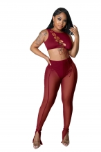 Red Sleeveless Mesh Hollow-out Bandage Sexy Jumpsuit