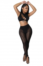 Black Sleeveless Mesh Hollow-out Bandage Sexy Jumpsuit