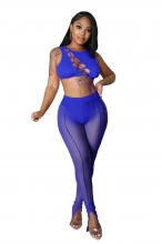 Blue Sleeveless Mesh Hollow-out Bandage Sexy Jumpsuit
