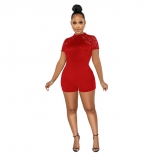 Red Lace Short Sleeve O-Neck Bodycon Women Rompers