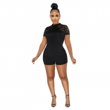 Black Lace Short Sleeve O-Neck Bodycon Women Rompers