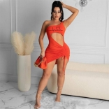 Orange Halter Boat-Neck Printed Hollow-out Sexy Club Dress