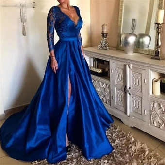 Blue Lace Seven Sleeve V-Neck Fashion Women Maxi Dress
