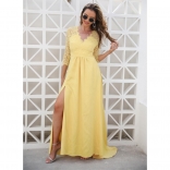Yellow Lace Seven Sleeve V-Neck Fashion Women Maxi Dress
