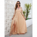 Beige Lace Seven Sleeve V-Neck Fashion Women Maxi Dress