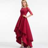 Red Seven Sleeve Lace O-Neck Women Fashion Jersey Long Dress