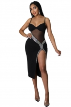 Black Sleeveless Halter Mesh Rhinestone Fashion Midi Dress