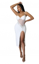 White Sleeveless Halter Mesh Rhinestone Fashion Midi Dress