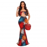 Red Off-Shoulder Sleeveless Printed Sexy Women Maxi Dress