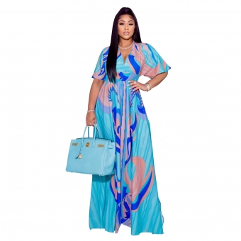Blue Short Sleeve V-Neck Printed Women Fashion Maxi Dress