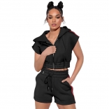 Black Short Sleeve Zipper V-Neck Fashion Women Sports Dress Set