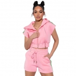 Pink Short Sleeve Zipper V-Neck Fashion Women Sports Dress Set