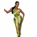 Green Sleeveless V-Neck Printed Bodycon Women Midi Dress