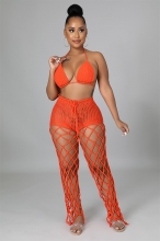 Orange Sleeveless Halter Low-Cut Nets Knitting Women Jumpsuit