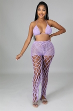Purple Sleeveless Halter Low-Cut Nets Knitting Women Jumpsuit
