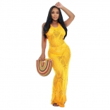 Yellow Sleeveless V-Neck Net Hollow-out Sexy Midi Dress