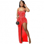 Red Halter Boat-Neck Mesh Rhinestone Women Fashion Maxi Dress