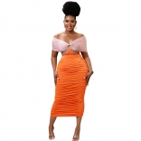 Orange Off-Shoulder Boat-Neck Bodycon Midi Dress