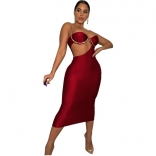 Red Sleeveless Low-Cut Rhinestone Women Bodycon Midi Dress