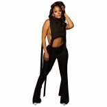 Black Sleeveless O-Neck Hollow-out Sexy Women Jumpsuit