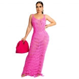 RoseRed Halter V-Neck Lace Hollow-out Tassels Women Sexy Midi Dress