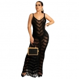 Black Halter V-Neck Lace Hollow-out Tassels Women Sexy Midi Dress