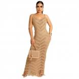 Beige Halter V-Neck Lace Hollow-out Tassels Women Sexy Midi Dress