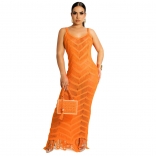 Orange Halter V-Neck Lace Hollow-out Tassels Women Sexy Midi Dress