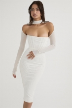 White Mesh Long Sleeve Bone Sexy Women Bodycon Midi Dress