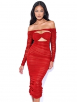 Red Long Sleeve Low-Cut Mesh Lining Women Midi Dress