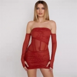 Red Off-Shoulder Mesh Long Sleeve Sexy Mini Dress