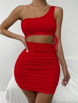 Red Halter Sleeveless Pleated Women Party Dress
