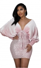 Pink Low-Cut Width Sleeve Sequin Bodycon Mini Dress