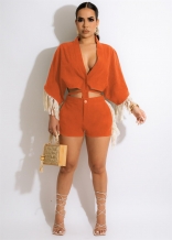Orange Long Sleeve Tassels Women V-Neck Fashion Short Sets