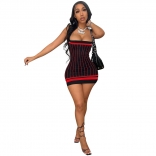 Red Halter Low-Cut Boat-Neck Striped Sexy Clubwear