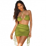 Green Off-Shoulder Halter V-Neck Cotton Pleated Bandage Midi Dress