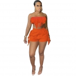 Orange Off-Shoulder Boat-Neck Tassels Women Sexy Short Sets