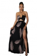 Black Sleeveless Halter Low-Cut Printed Fashion Women Maxi Dress