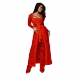 Red Long Sleeve Lace 3PCS Underwear Hollow-out Women Catsuit Dress