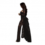 Black Long Sleeve Lace 3PCS Underwear Hollow-out Women Catsuit Dress