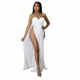White Halter Low-Cut Rhinestone Mesh Sexy Women Maxi Dress