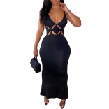 Black Sleeveless V-Neck Hollow-out Sexy Midi Dress